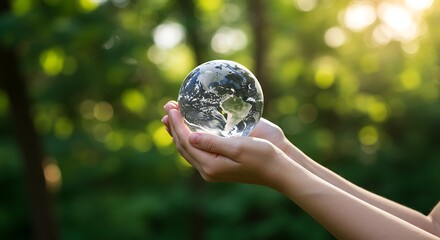globe in hands. holding a transparent glass globe of the earth in hands, outdoors, environment, and nature with background is lush with greenery.