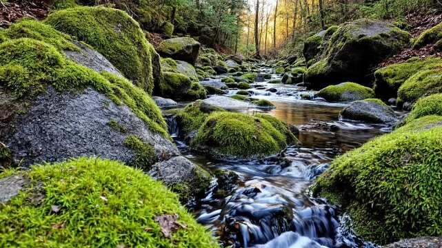 A serene forest landscape features a natural rock creek with a small, flowing waterfall cascading into a green, moss-covered stream HD video footage