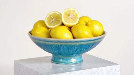 A ceramic bowl overflowing with fresh lemons on a marble pedestal, zesty freshness, eye-catching design