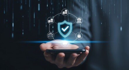 Mobile security shield with checkmark and data icons in hand on dark background