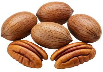 Assorted pecans and whole pecan nuts arranged artistically on a white background