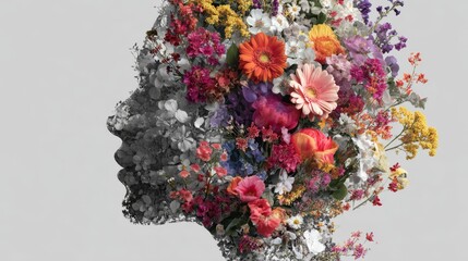 Mental wellness concept with blooming flowers in a joyful female head, reflecting mindfulness, care, positivity, and contrast with inner chaos and depression.