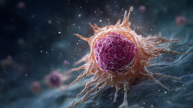 Macrophage cell rendered in 3D shows immune defense, debris removal, pathogen absorption, inflammation, and tissue healing in scientific context.