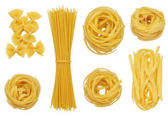 Assorted pasta varieties displayed on a white background, showcasing different shapes and sizes