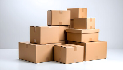 Stacked Cardboard Boxes: A Collection of Various Sizes on White Surface.