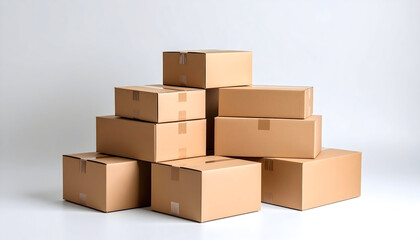 Stacked Cardboard Boxes on White Background, Ready for Shipping and Delivery.