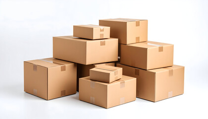Stacked Cardboard Boxes on White Background, Ready for Shipping or Moving