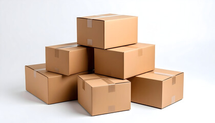 Stacked Cardboard Boxes with Tape, Isolated on a White Background, Studio Shot