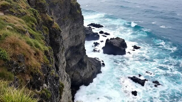 Waves crashing on rocky coast by the ocean shore High-quality HD video footage