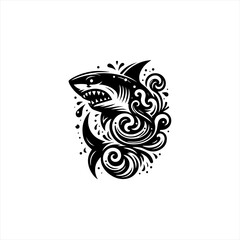 Fierce Black and White Shark Illustration with Swirling Water.