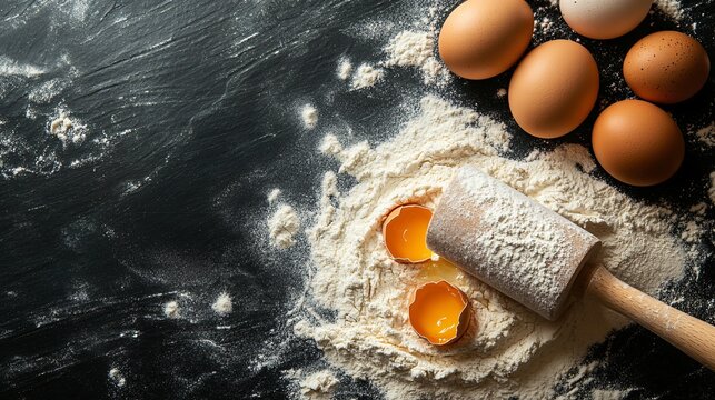 Baking ingredients eggs, flour, and rolling pin on black