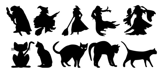 Silhouettes of Halloween-themed elements. Halloween Scene. Set of elements for Halloween. Collection of black silhouettes. 