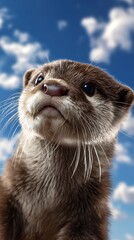 Cute otter close up sky background funny wildlife adorable otter face in nature