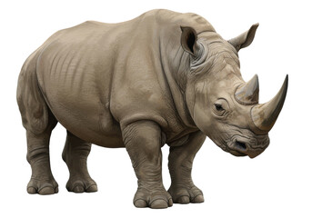 Obraz premium A realistic depiction of a rhinoceros standing on a plain, showcasing its strength and size