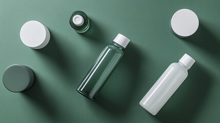 Minimalist Cosmetic Bottles and Jars on Green Background