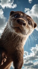 Cute otter close up with funny expression against a sky background wildlife photography animal portrait