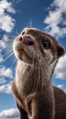 Cute otter close up sky background funny wildlife photo adorable animal face natural environment