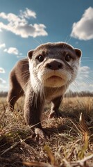 Cute otter close-up sky background funny wildlife portrait natural environment charming otter face