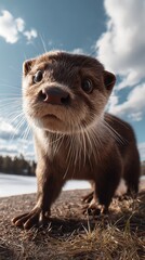 Cute otter close up sky background funny wildlife otter face in nature playful environment adorable moment