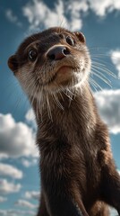 Cute otter close up with sky background funny wildlife shot of otter face in natural environment