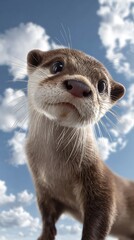 Cute otter face close-up in a sky background funny wildlife photography animal portraits nature environment