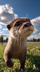 Cute otter close up sky background funny wildlife otter face natural environment