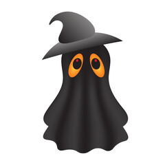A cartoon ghost with a black, flowing silhouette and a pointed witch's hat appears