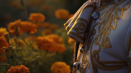 An embroidered charro jacket with silver buttons, bathed in golden sunset light, with marigold flowers softly blurred in the background.