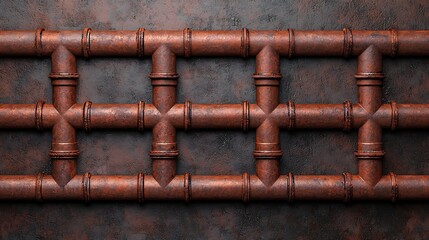 A close-up of rusted, interconnected metal pipes mounted on a corroded metallic surface.