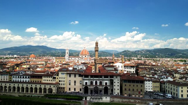 The old town cityscape of Florence, Italy. Slow upward camera movement. 4K, high quality.