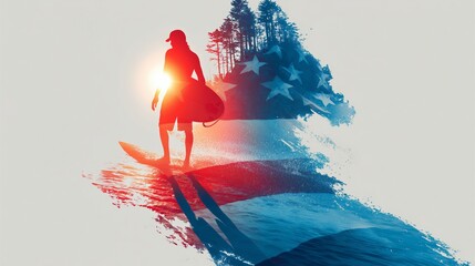 Surfer dude in sunset shades under a towering Fourth of July firework shadow on a bright white canvas, patriotic celebration