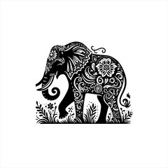 Obraz premium Ornate Black Elephant Silhouette with Floral Patterns.