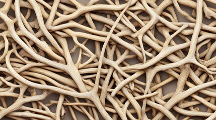 A close-up view of intertwined, natural branches or roots forming a complex, organic network with a beige color palette.