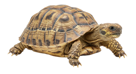 Close-up of a tortoise moving slowly across a white background with detailed shell patterns