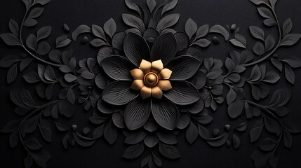 An elegant black and gold floral design with detailed leaves and petals creating a sophisticated ornamental pattern.