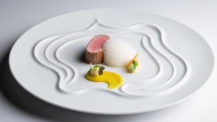 Exquisite Gourmet Dish:  Modern Culinary Art,  Michelin-Star Presentation,  Elegant Food Styling,  Close-Up View