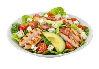 Grilled chicken salad with fresh greens, tomatoes, bacon, and cheese on a plate