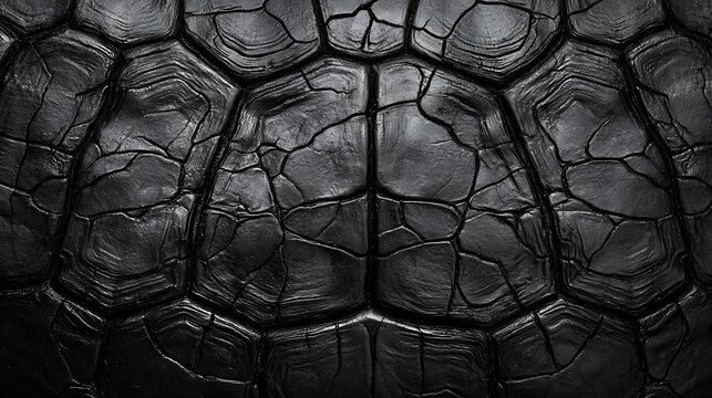 Close-up image of a textured black turtle shell showing intricate patterns and natural cracks.