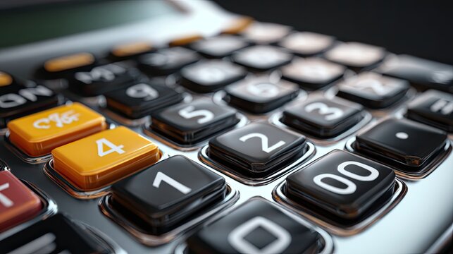 Close-up of a calculator keypad with black and yellow keys, focusing on the numbers 1, 2, 3, 4, and 00, suggesting calculation or finance.