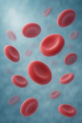 Fototapeta premium Closeup rendering of red cells against blurred blue background