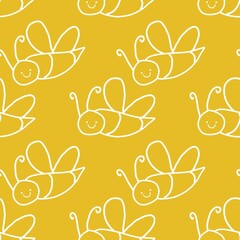 Cute white outline bees on a vibrant yellow background, creating a cheerful, seamless pattern perfect for kids' designs and spring themes.