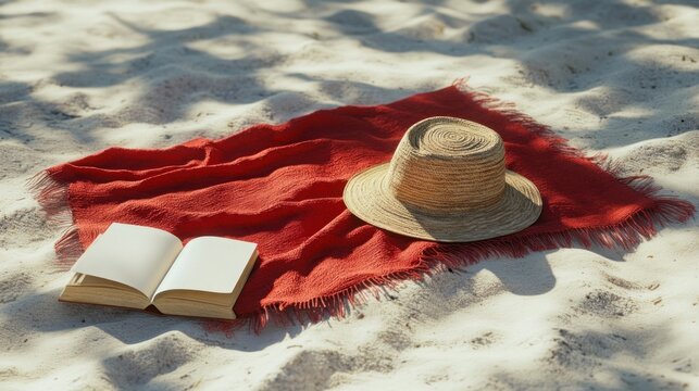 Red towel on beach and book with summer hat - Powered by Adobe