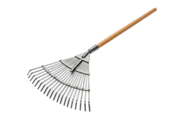 Metal garden rake with wooden handle placed on a transparent background for gardening use