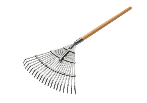 Metal garden rake with wooden handle placed on a transparent background for gardening use