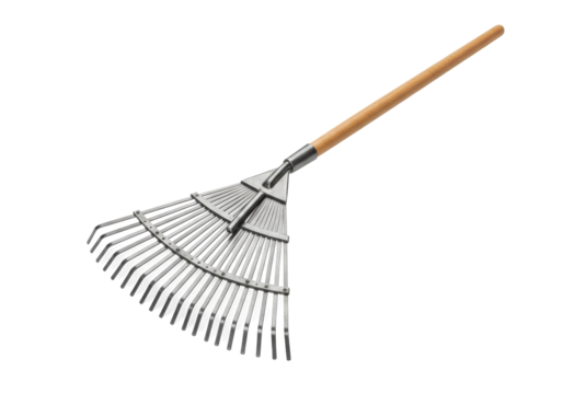 Metal garden rake with wooden handle placed on a transparent background for gardening use