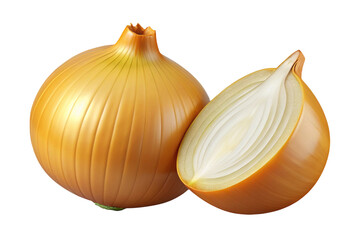 Obraz premium Two golden brown onions one whole and one halved showing the white interior isolated on transparent background