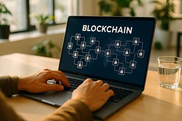 Person working on a laptop displaying a blockchain schematic with a world map background on the screen.