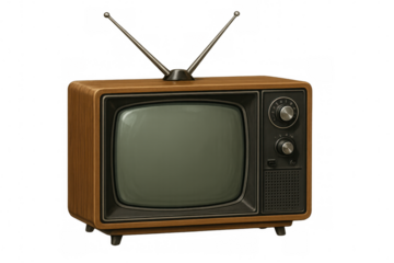 Vintage television broadcasting static, vintage aluminum rabbit ear antennas against transparent backdrop, representing nostalgic media technology