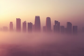 Fototapeta premium Skyline of Doha Qatar shrouded in hazy spring mist showcasing modern architecture at sunset