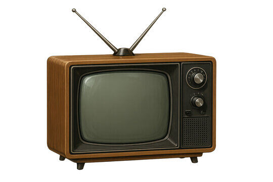 Vintage television broadcasting static, vintage aluminum rabbit ear antennas against transparent backdrop, representing nostalgic media technology